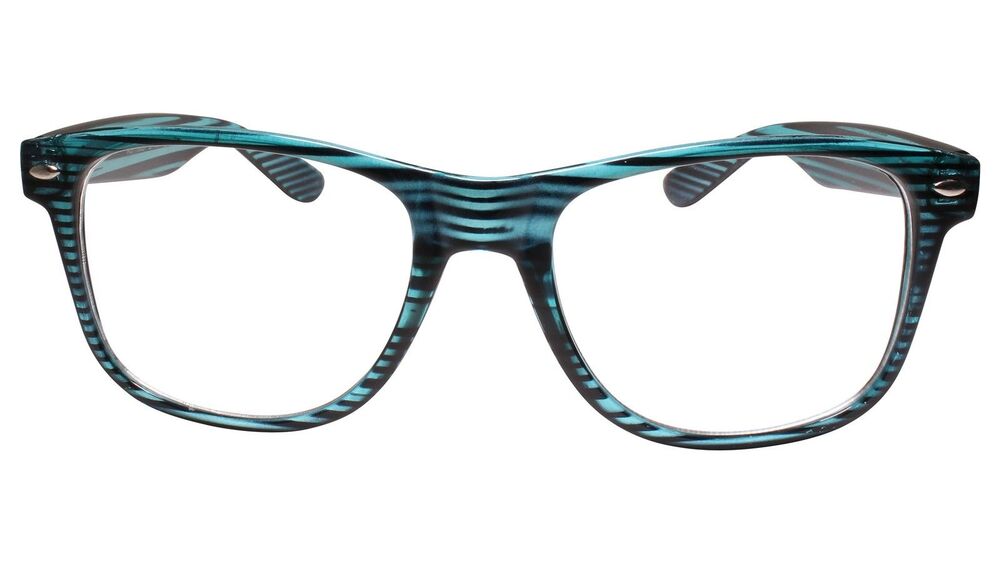 Classic Hipster Retro Stripe Pattern Blue Horn Rimmed Clear Lens Glasses - Picture 2 of 4